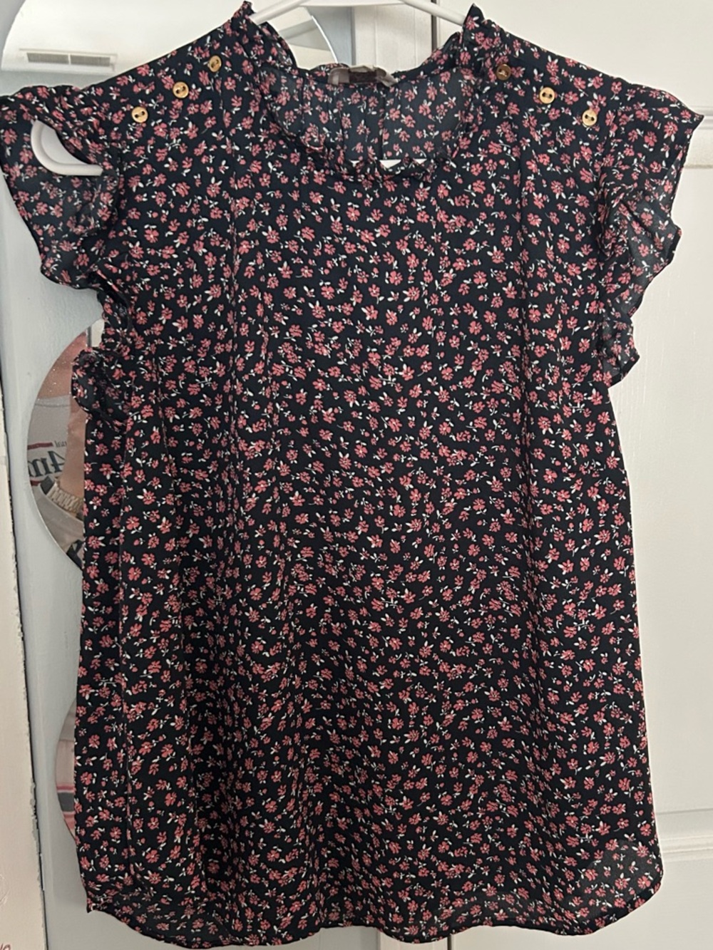 LOFT Black Floral Ruffle Sleeve Blouse